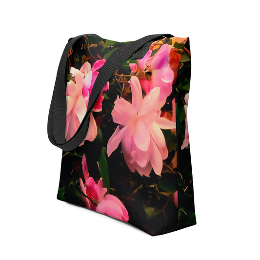 Pink flower tote bag for women with black straps and vibrant floral design