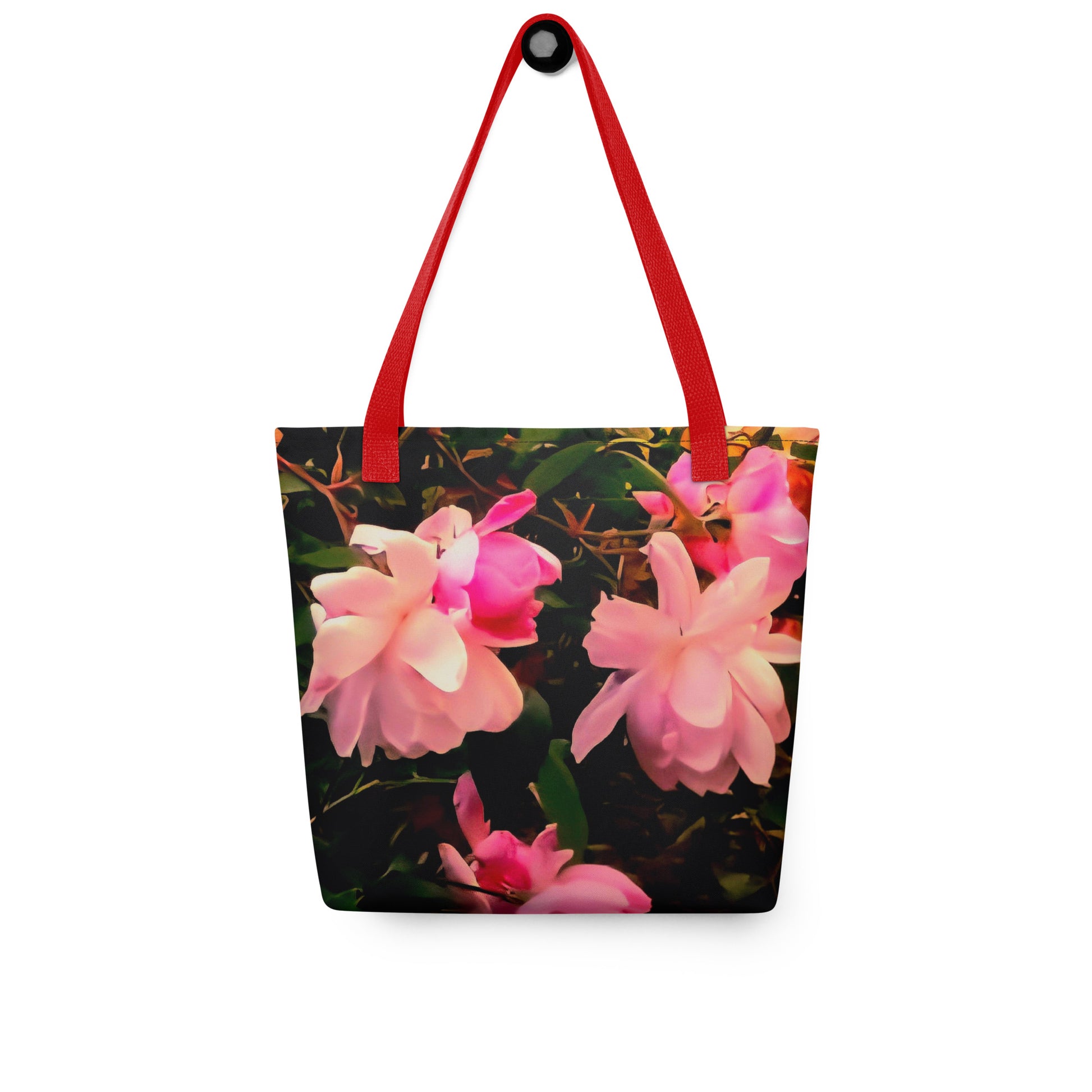 Pink flower tote bag for women featuring vibrant pink flowers and red handles from NUSH'S STORE