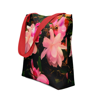 Pink flower tote bag for women with vibrant floral design and red handles from NUSH'S STORE