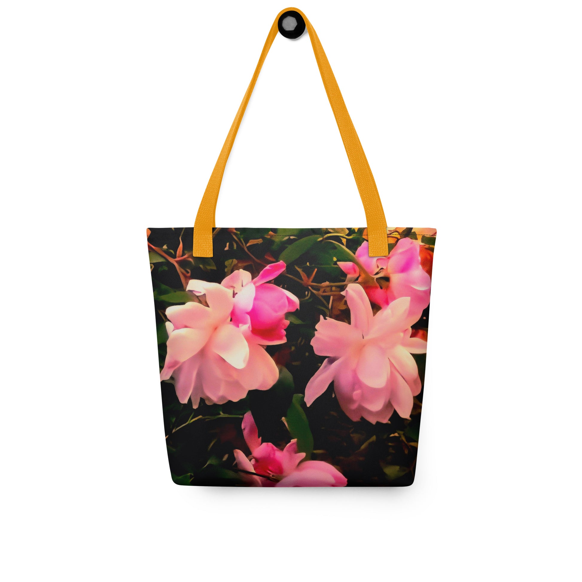 Pink flower tote bag for women with orange handles and vibrant floral design by NUSH'S STORE