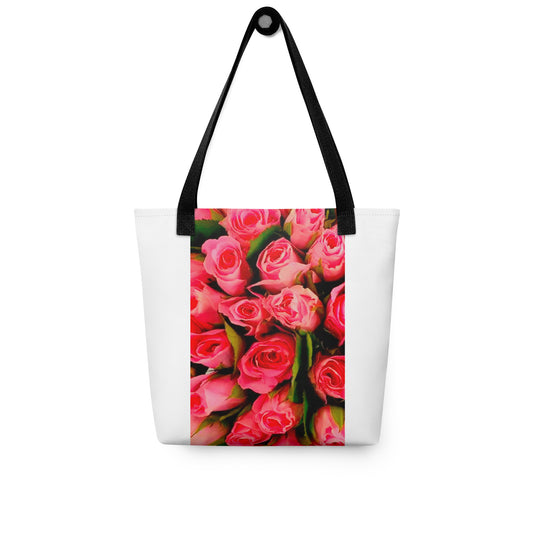 NUSH'S STORE pink rose print bag with vibrant floral design and black handles