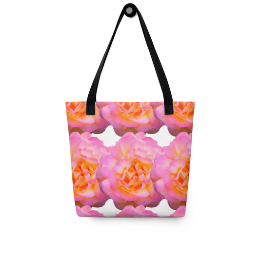 Pink rose shopper bag with vibrant floral design and black handles from NUSH'S STORE