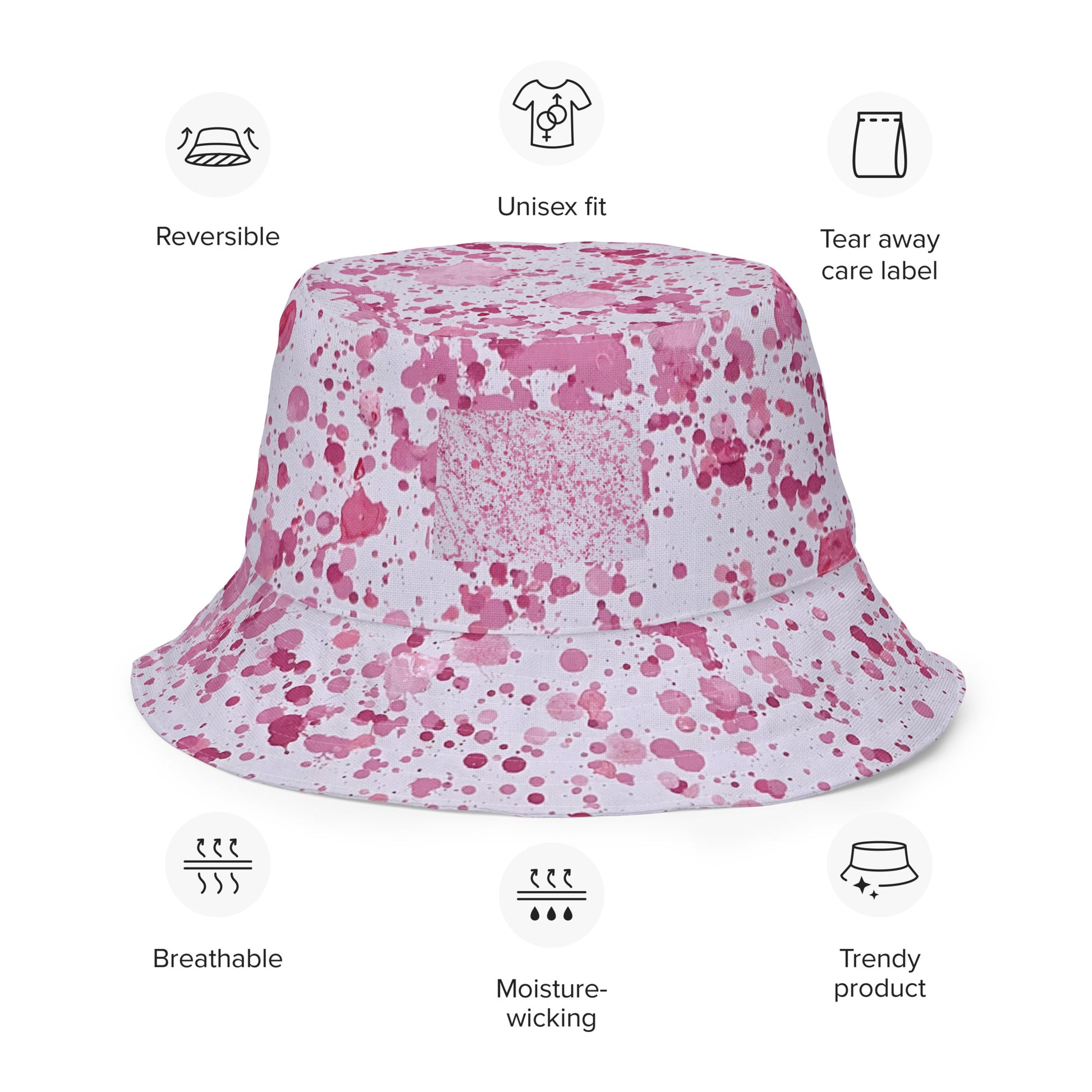 NUSH'S STORE pink splatter bucket hat with reversible design breathable and moisture-wicking fabric