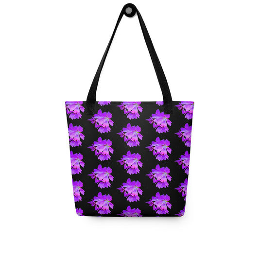 Purple flower print tote with black background and black handles from NUSH'S STORE