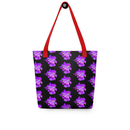 Purple flower print tote with red handles on black background from NUSH'S STORE