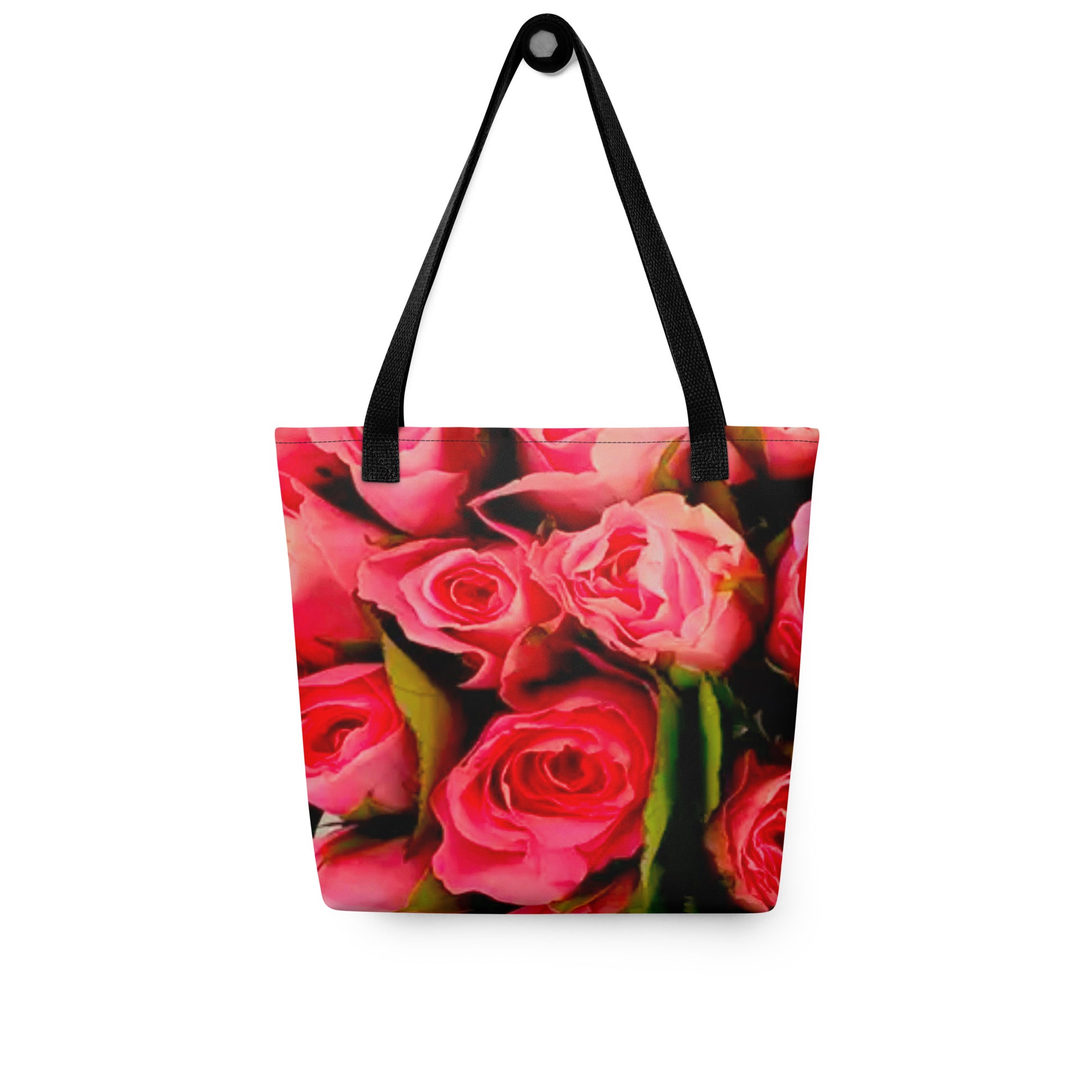 Rose print shopping bag with vibrant pink roses and black handles for everyday use