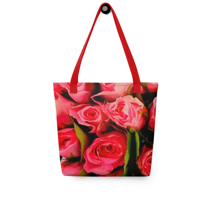 Rose print shopping bag with vibrant pink roses and red handles from NUSH'S STORE