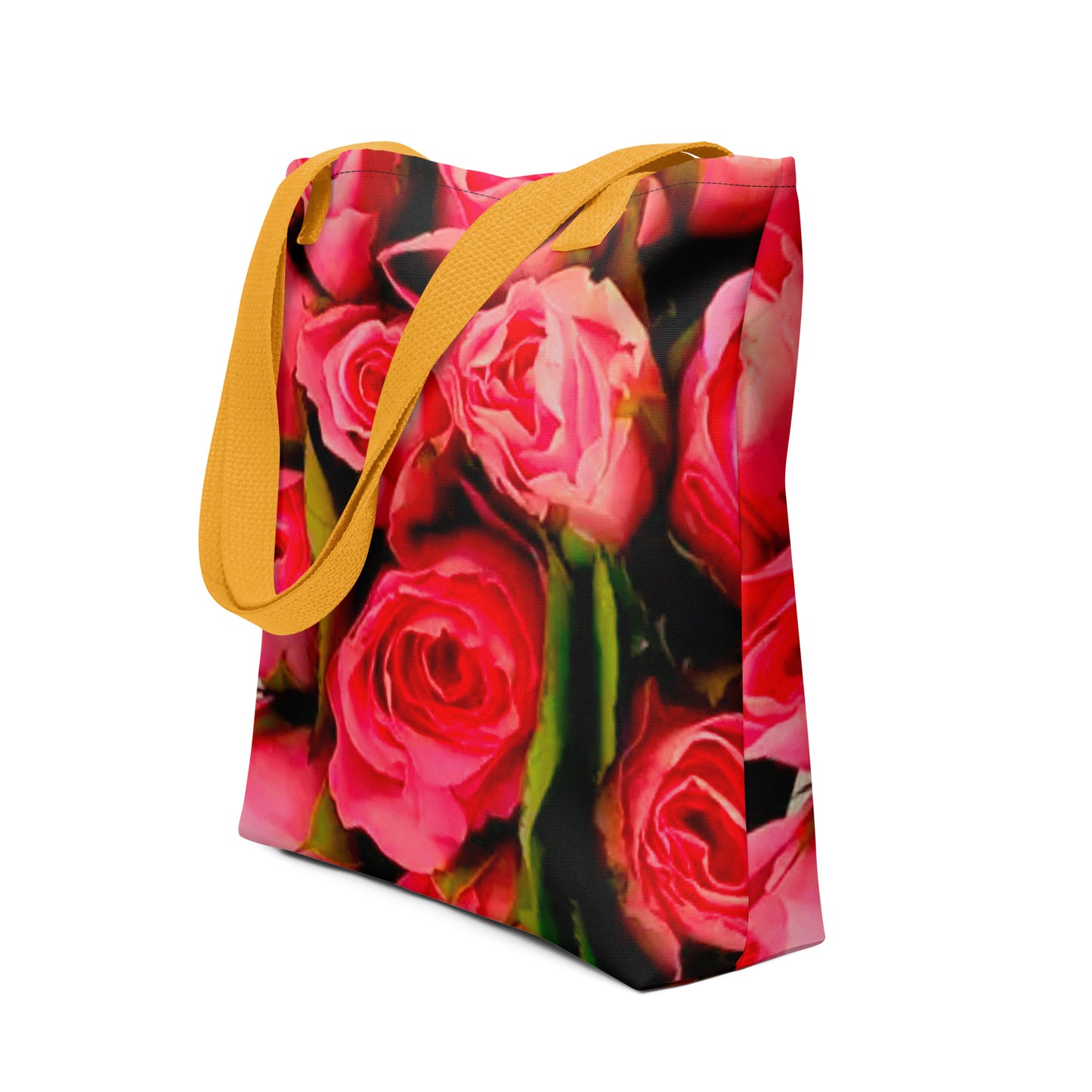 Rose print shopping bag with vibrant pink roses and yellow shoulder straps from NUSH'S STORE