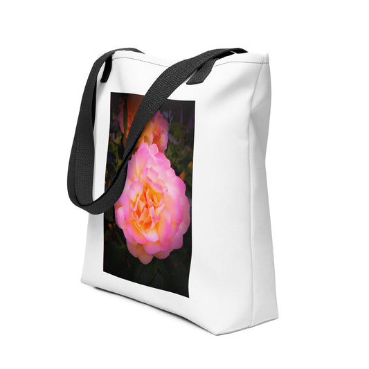 White shoulder bag with black strap featuring a pretty flower design shoulder bag with pink rose print