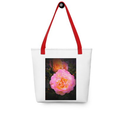White shoulder bag with red straps featuring a pretty flower design shoulder bag print
