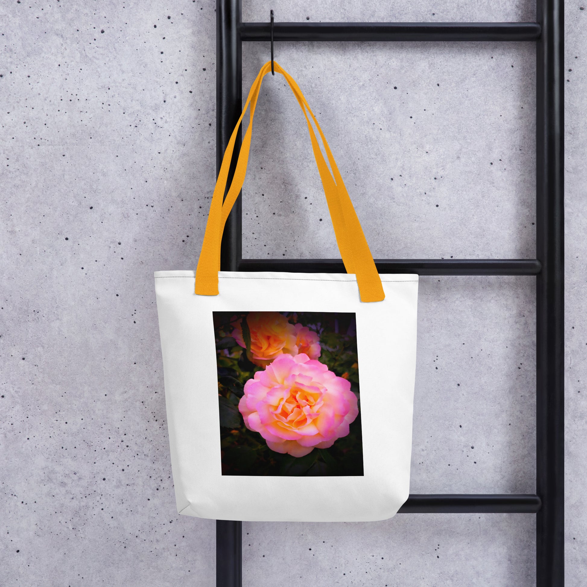 White tote bag with yellow straps featuring a pretty flower design shoulder bag with pink and orange roses