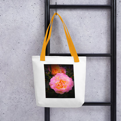 White tote bag with yellow straps featuring a pretty flower design shoulder bag with pink and orange roses