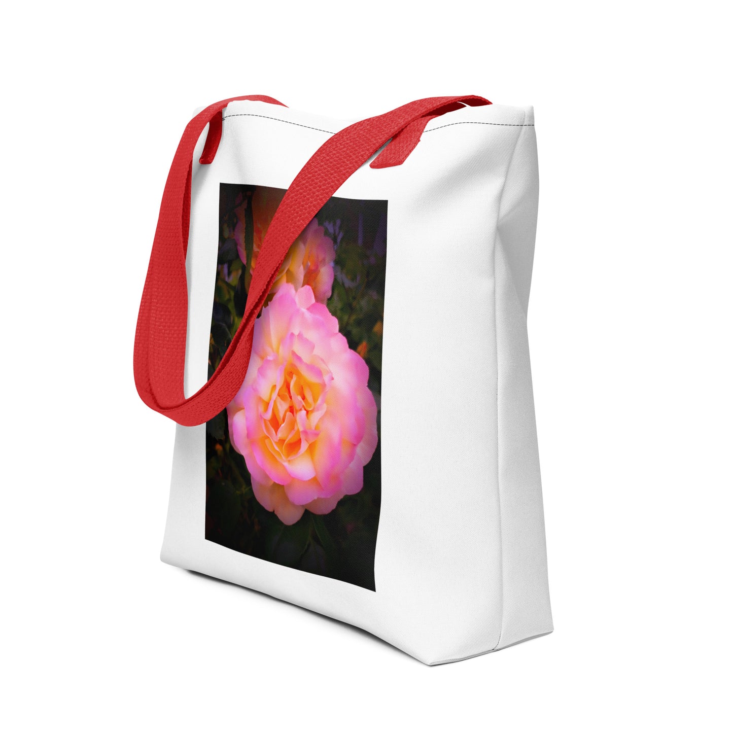 White shoulder bag with red straps featuring a pretty flower design shoulder bag with pink and orange rose print