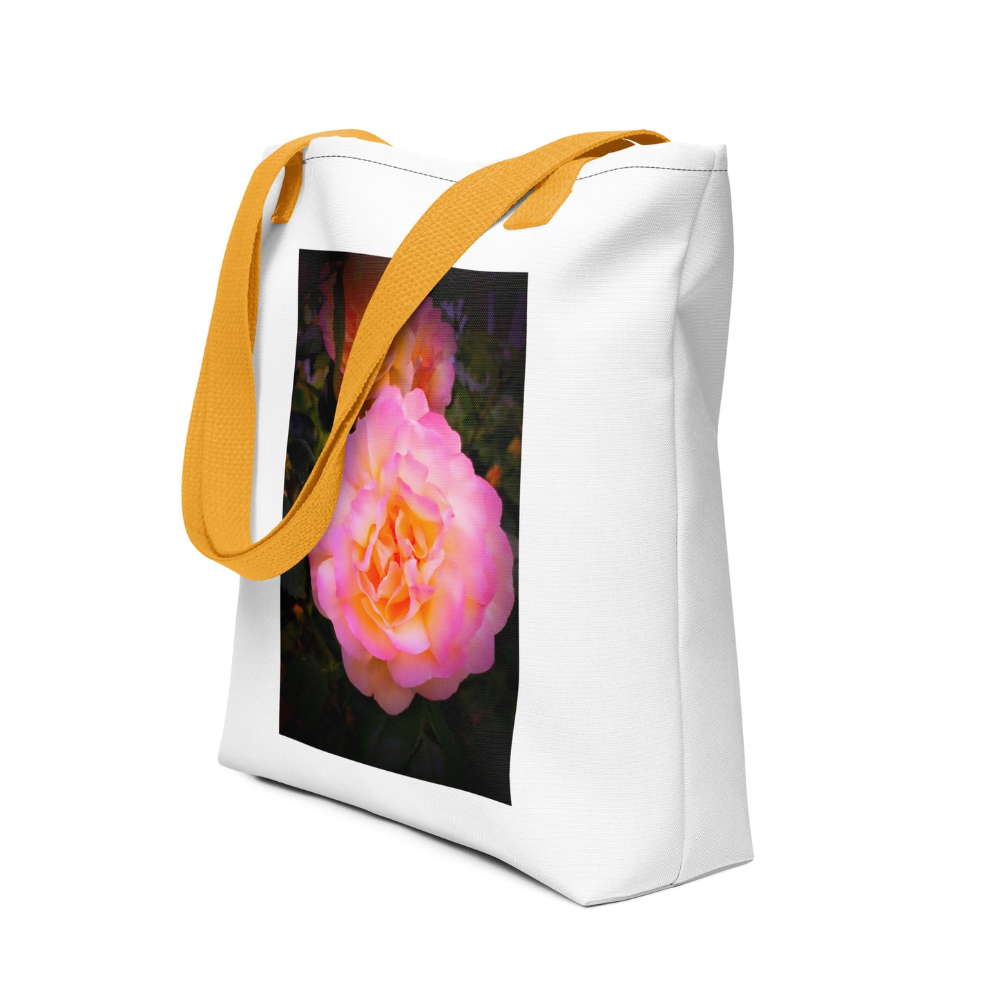White shoulder bag with yellow straps featuring a pretty flower design shoulder bag print