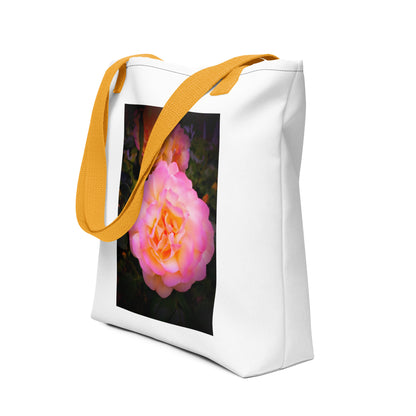White shoulder bag with yellow straps featuring a pretty flower design shoulder bag print