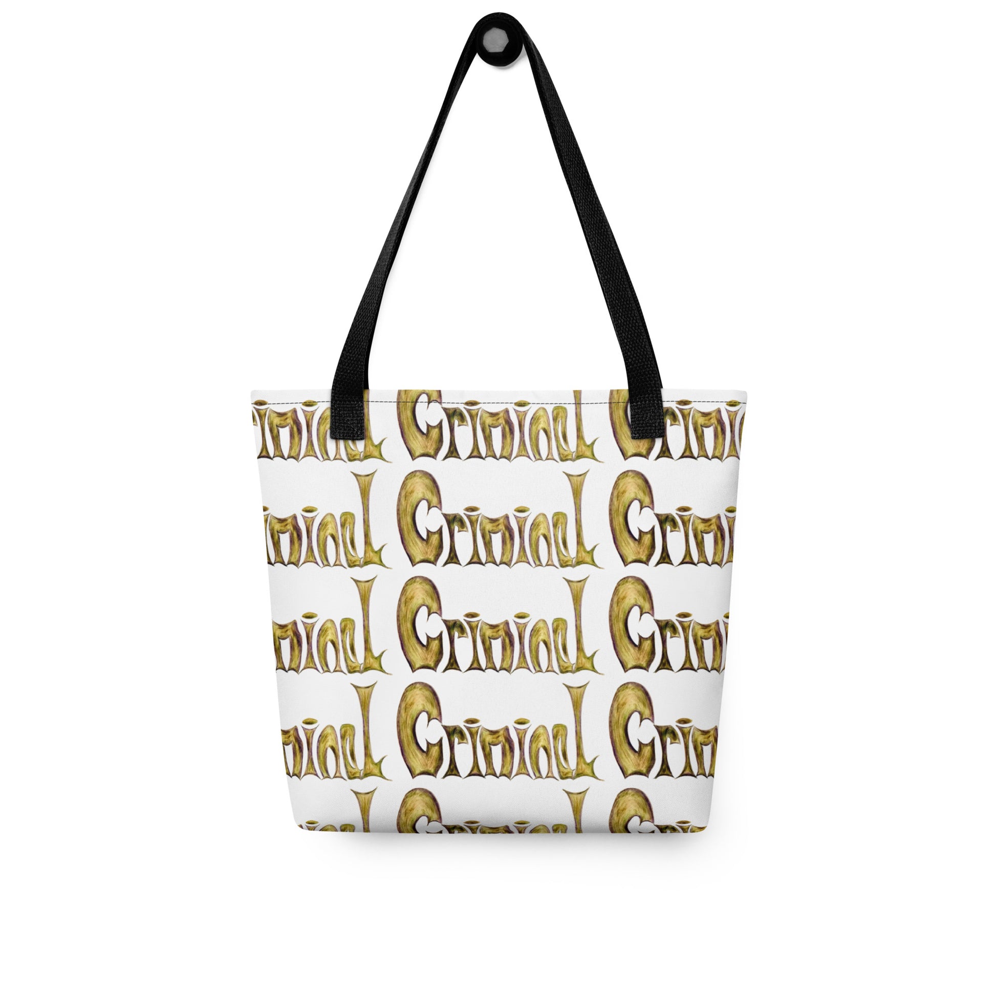 Stylish shopping tote CRIMINAL PRINT with gold and white design and black handles from NUSH'S STORE