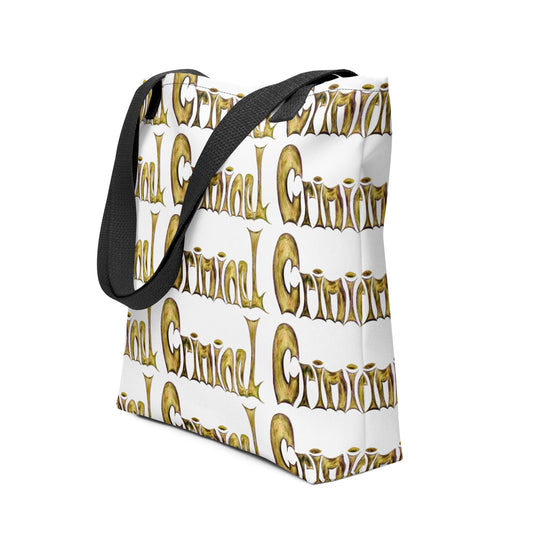 Stylish shopping tote CRIMINAL PRINT with black straps and gold lettering on white background