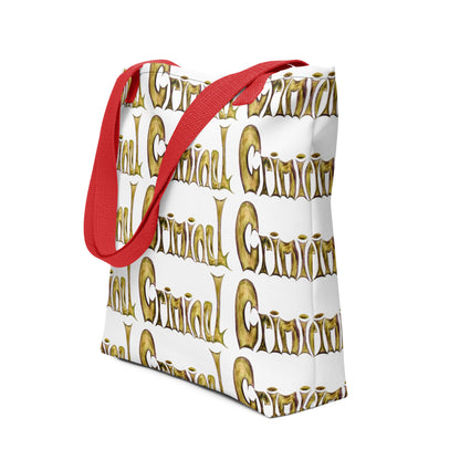 Stylish shopping tote CRIMINAL PRINT with red handles and gold lettering pattern on white background