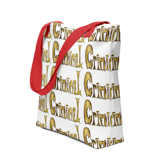 Stylish shopping tote CRIMINAL PRINT with red handles and gold lettering pattern on white background