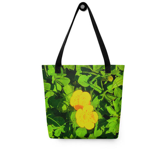 Summer beach tote bag BUTTERCUP PRINT with bright yellow flowers and black handles