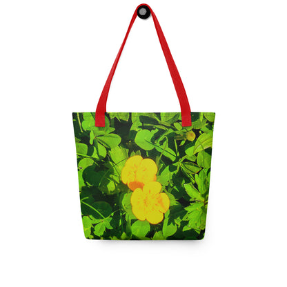 Summer beach tote bag BUTTERCUP PRINT with bright yellow flowers and red handles from NUSH'S STORE