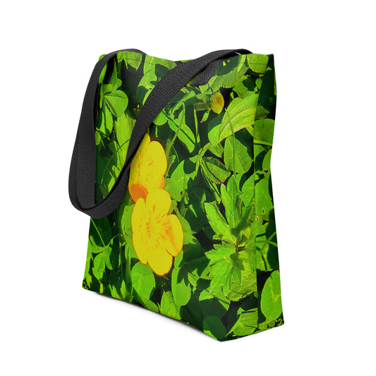 NUSH'S STORE summer beach tote bag BUTTERCUP PRINT with bright yellow flowers and green leaves design
