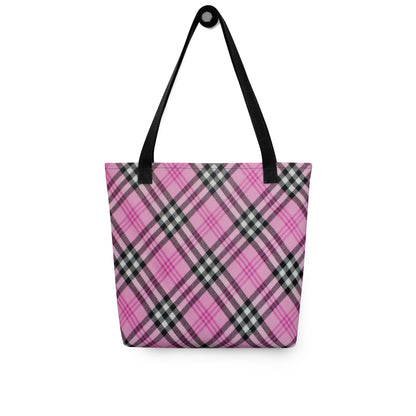 NUSH'S STORE trendy checkered tote purse in pink and black with long black handles