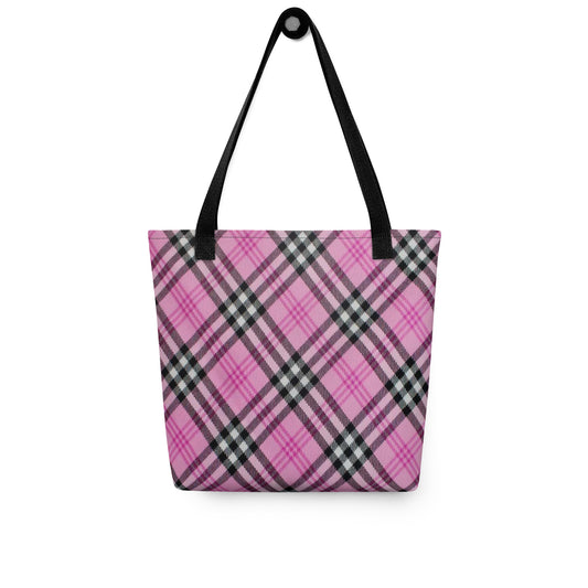 NUSH'S STORE trendy checkered tote purse in pink and black with long black handles
