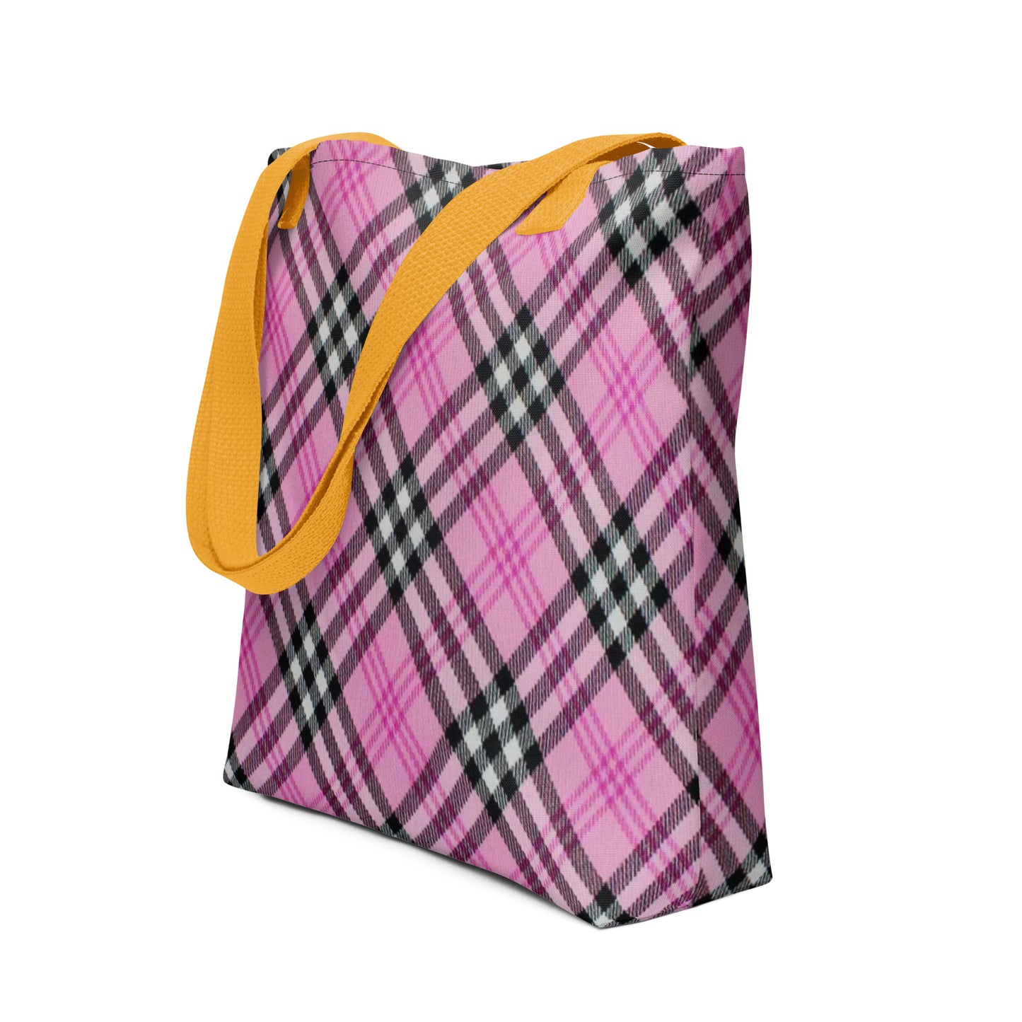 Pink and black trendy checkered tote purse with yellow straps from NUSH'S STORE