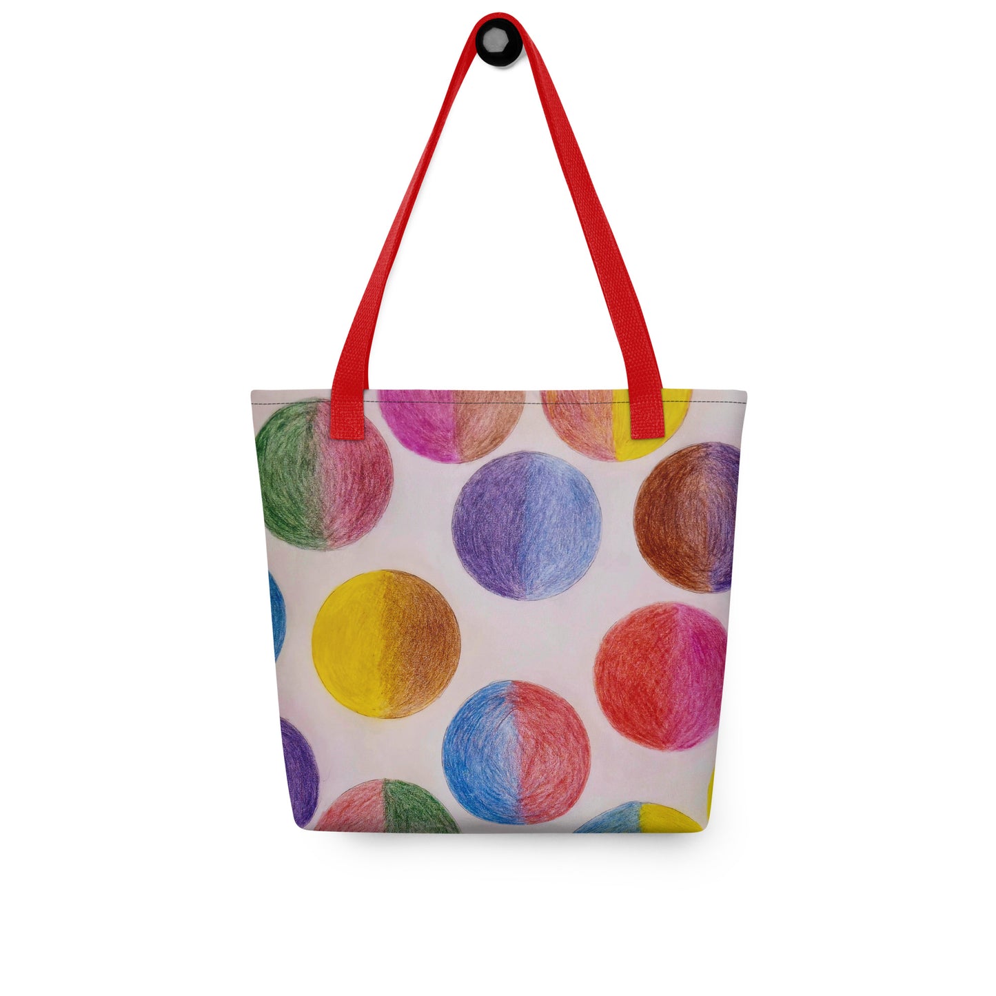 Unique art print tote bag with colorful crayon-style circles and red handles from NUSH'S STORE