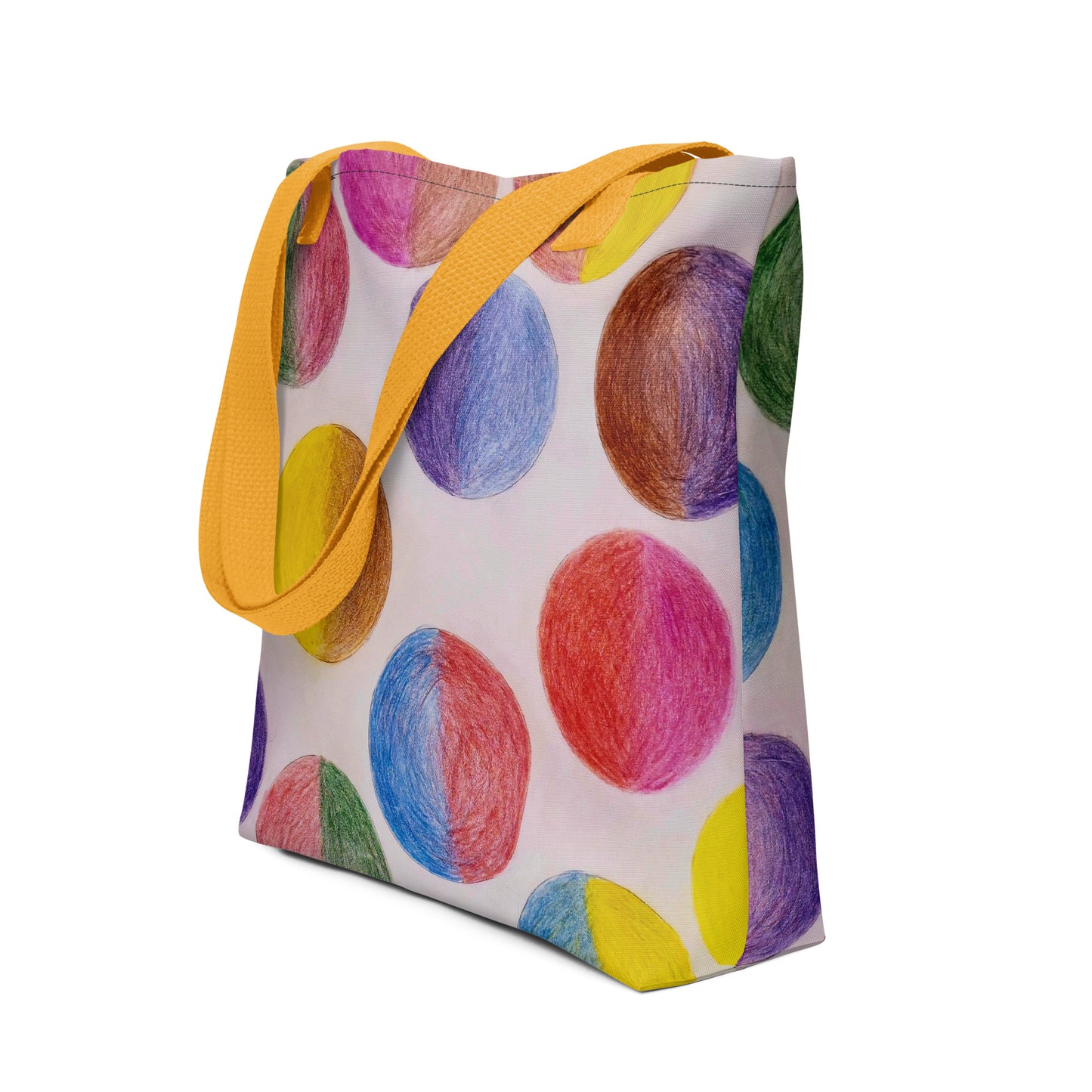 Unique art print tote bag with colorful hand-drawn circle design and yellow straps from NUSH'S STORE