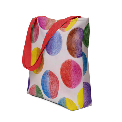 Colorful unique art print tote bag with red handles featuring hand-drawn multicolor circles