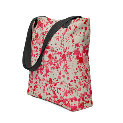 Unique designer tote bag women with red paint splatter pattern and black handles from NUSH'S STORE