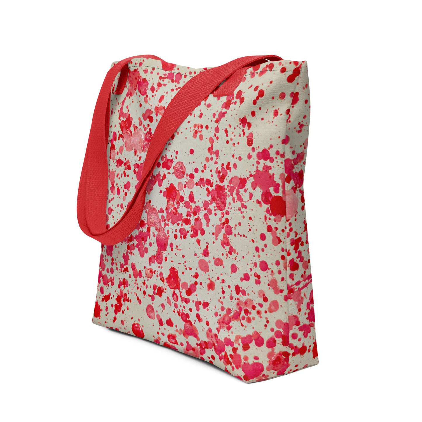 Unique designer tote bag women with red paint splatter pattern and red shoulder straps from NUSH'S STORE