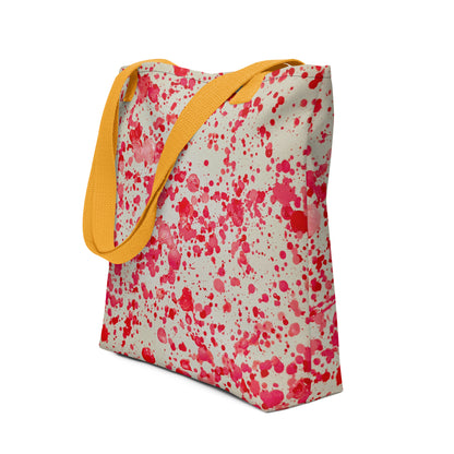 Unique designer tote bag women with red splatter print and yellow straps from NUSH'S STORE