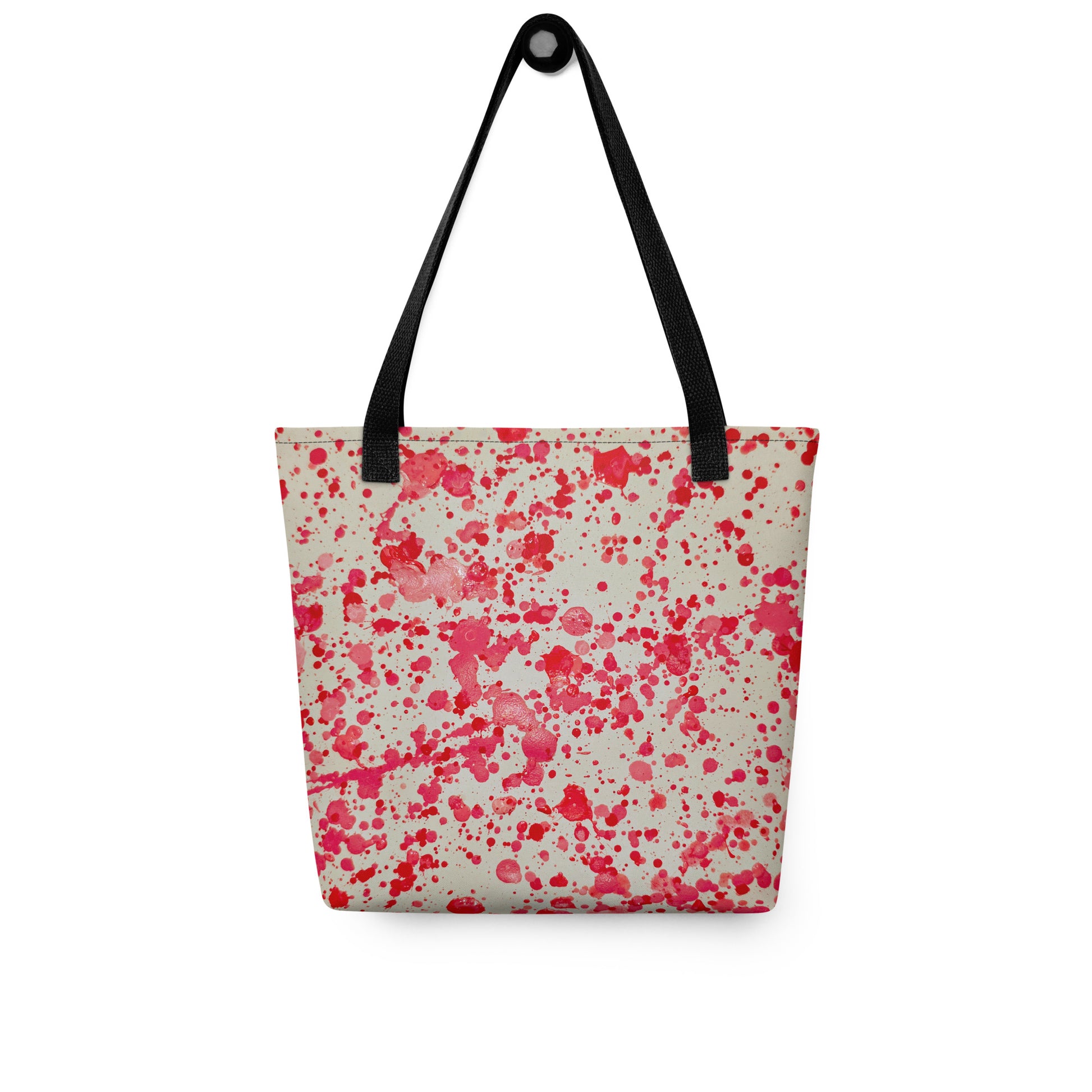 Unique designer tote bag women with red paint splatter pattern and black straps from NUSH'S STORE