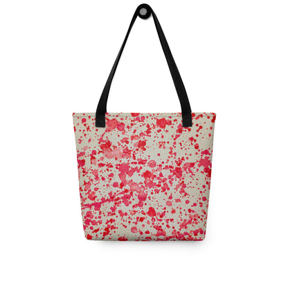 Unique designer tote bag women with red paint splatter pattern and black straps from NUSH'S STORE