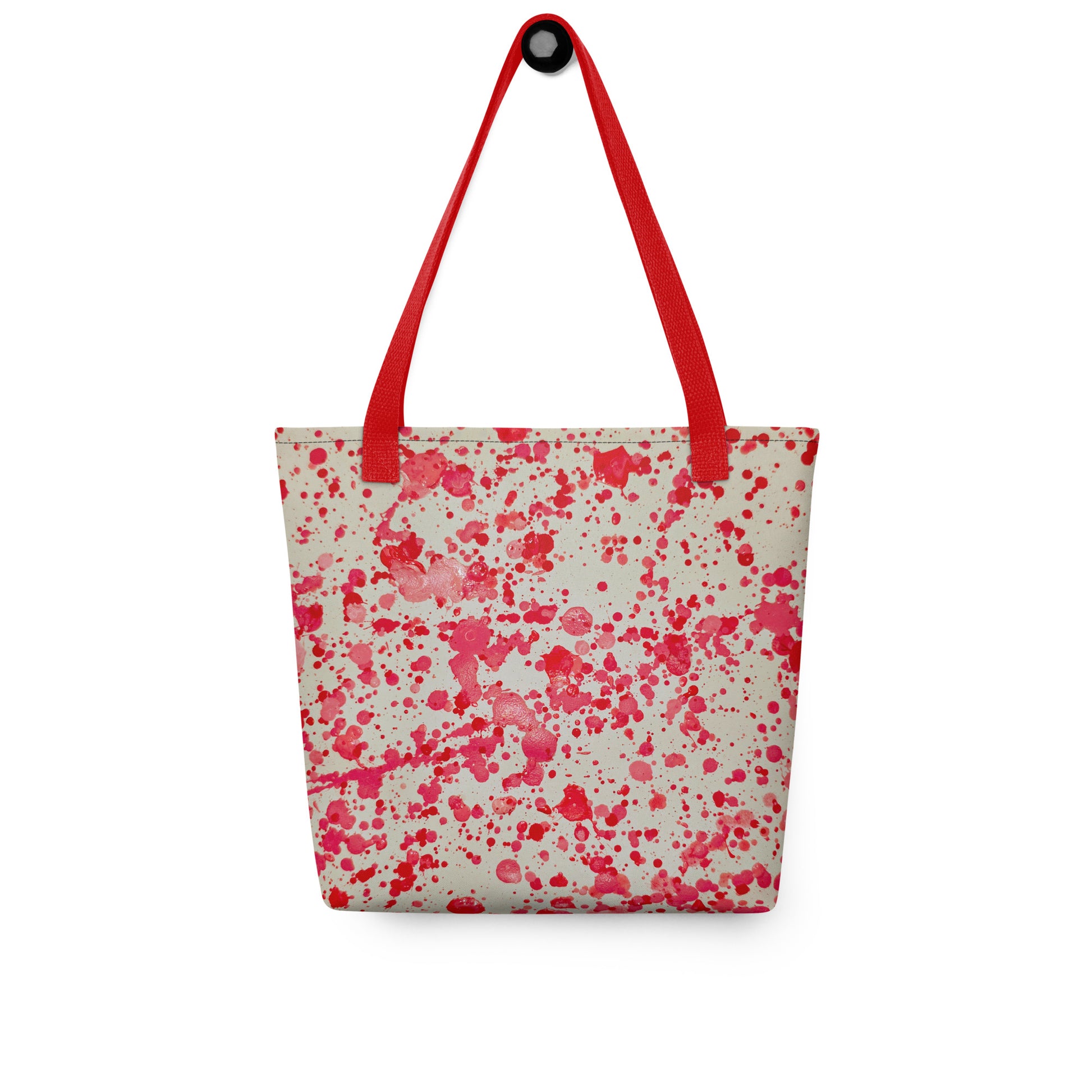 Unique designer tote bag women with red splatter pattern and red handles from NUSH'S STORE