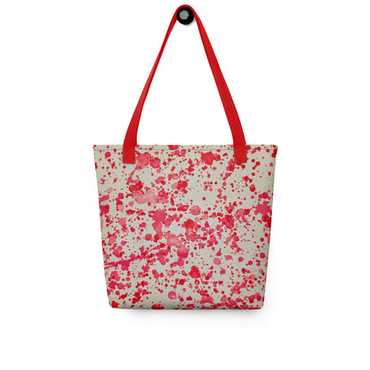 Unique designer tote bag women with red splatter pattern and red handles from NUSH'S STORE