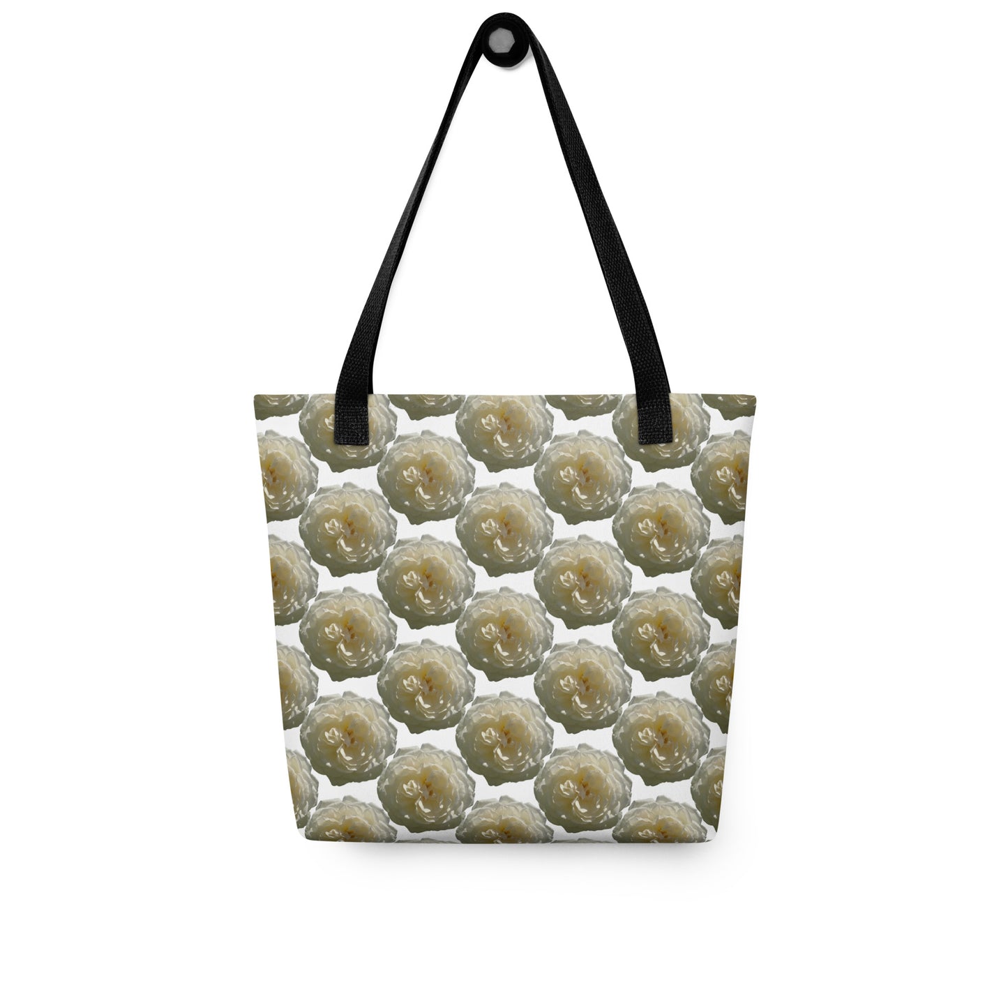 Eco-friendly shopping tote A WHITE ROSE PRINT with black handles and repeating white rose design