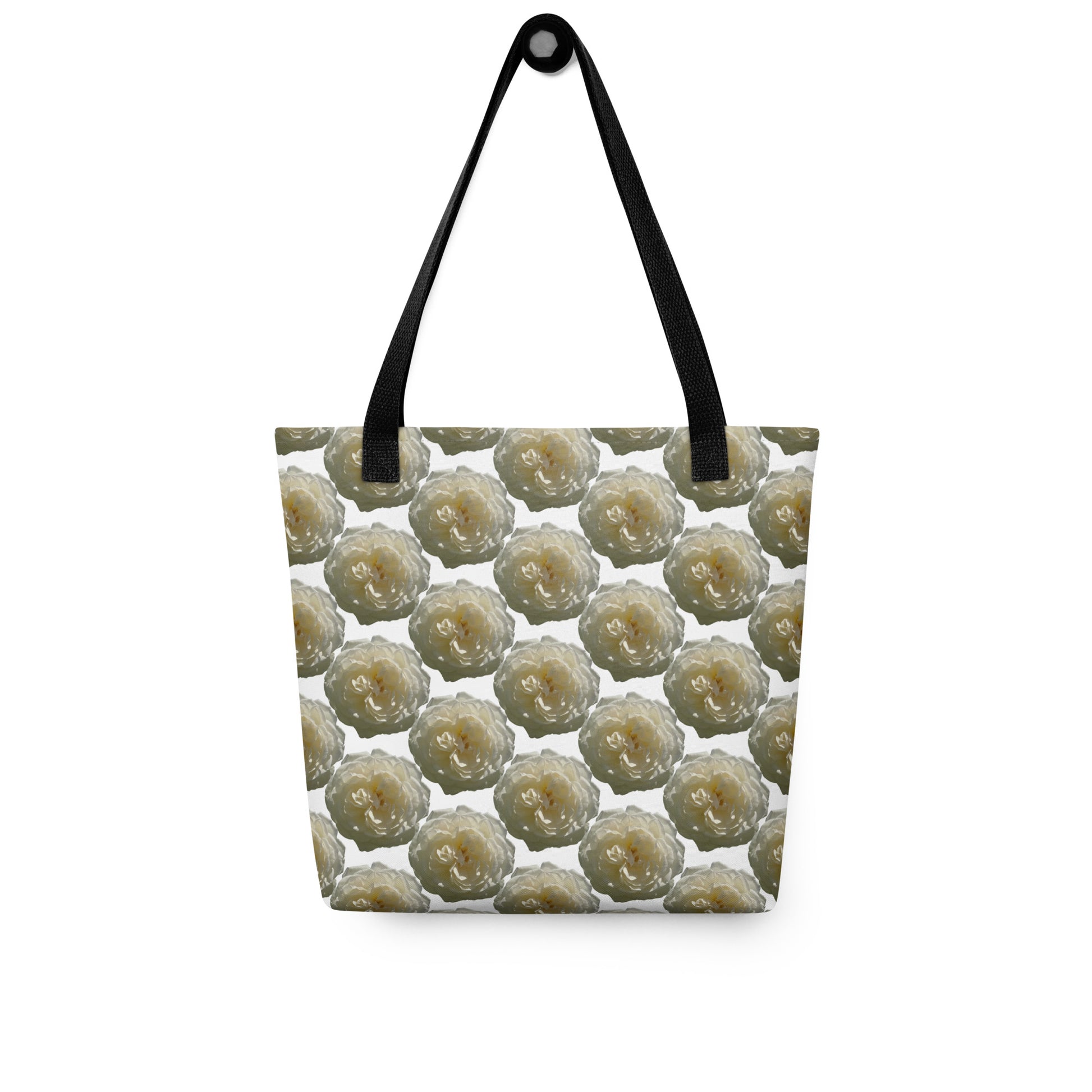 Eco-friendly shopping tote A WHITE ROSE PRINT with black handles and repeating white rose design
