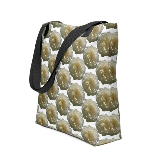Eco-friendly shopping tote A WHITE ROSE PRINT with beige floral pattern and black straps