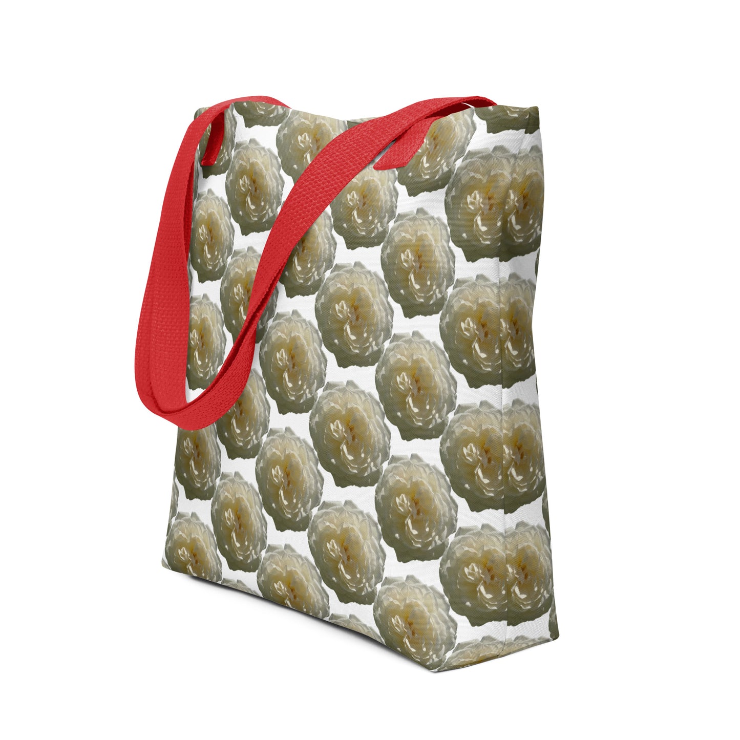 Eco-friendly shopping tote A WHITE ROSE PRINT with beige roses and red handles from NUSH'S STORE