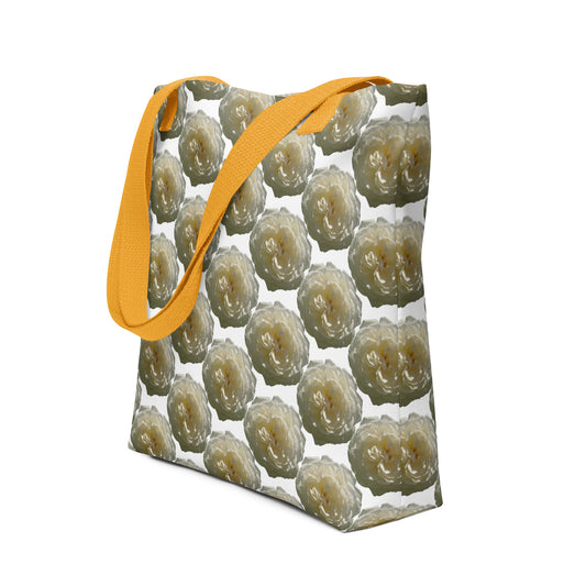 Eco-friendly shopping tote A WHITE ROSE PRINT with yellow straps and floral design from NUSH'S STORE