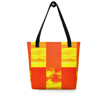 Summer beach tote bag THE PERFECT SUNSET PRINT with orange and yellow sunset design and black handles