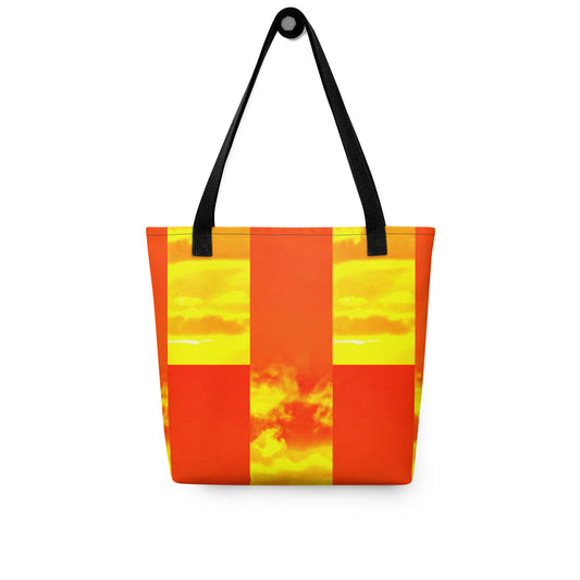 Summer beach tote bag THE PERFECT SUNSET PRINT with orange and yellow sunset design and black handles