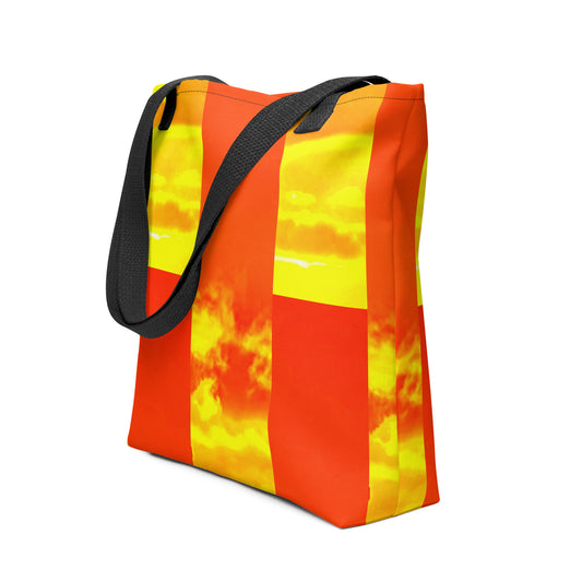 Summer beach tote bag THE PERFECT SUNSET PRINT with vibrant orange and yellow sunset design and black straps