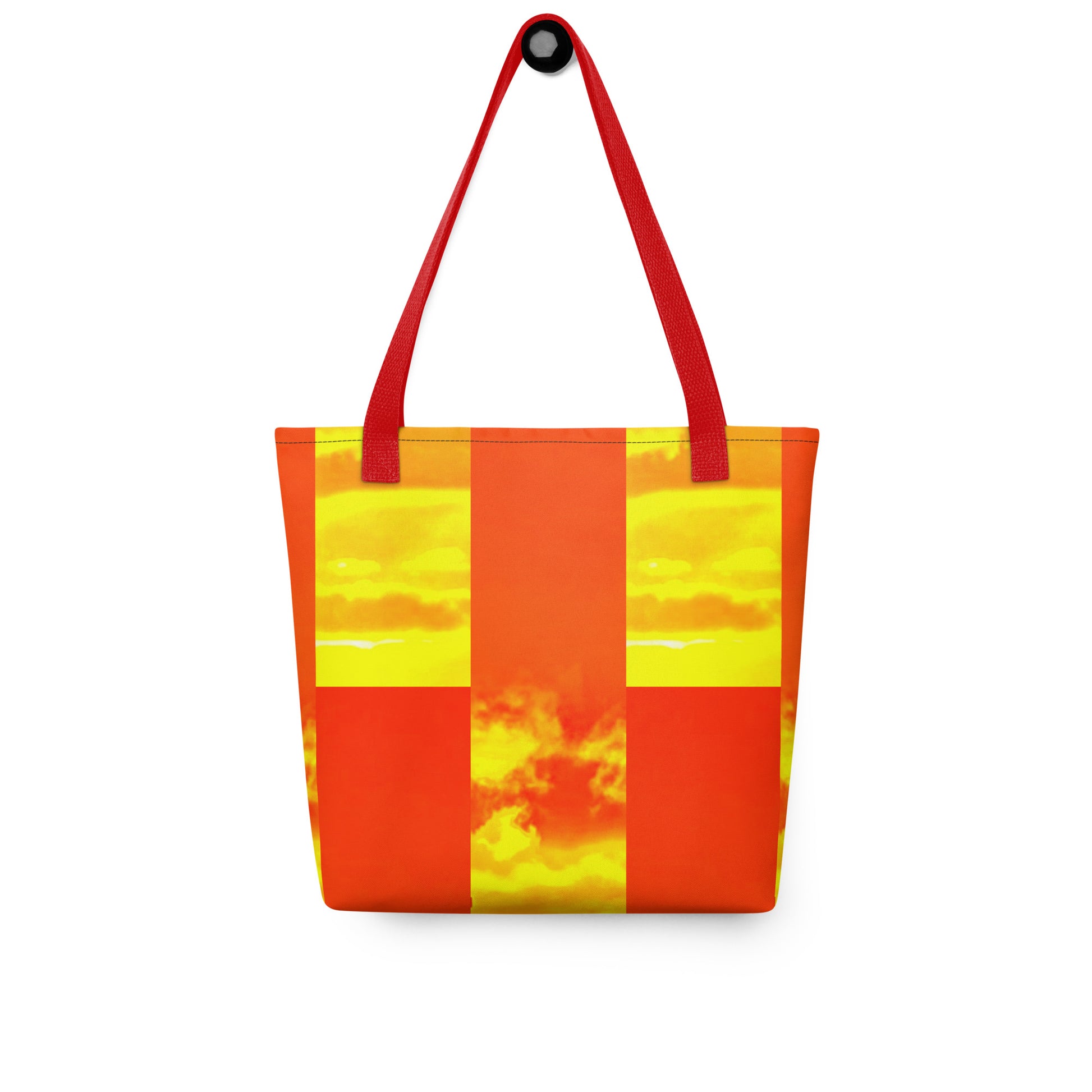 Summer beach tote bag THE PERFECT SUNSET PRINT with orange and yellow sunset design and red handles