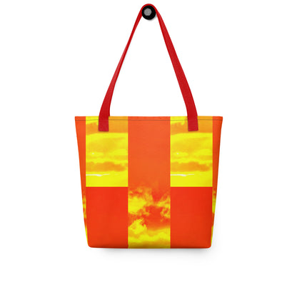 Summer beach tote bag THE PERFECT SUNSET PRINT with orange and yellow sunset design and red handles