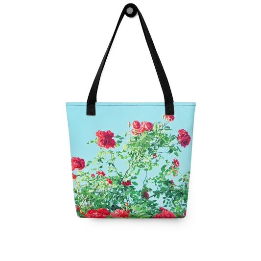 Vintage rose print beach tote with red roses and green leaves on blue background from NUSH'S STORE